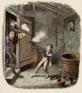 オリバーは強盗未遂で驚き、負傷した - The Burglary - チャールズ・ディケンズ（1812-1870）の「オリバー・ツイスト」（Olivier）（「オリバー・ツイストの冒険」）の挿絵、ジョージ・クルイックシャンク（1792-1878）によるものです。 作： George Cruikshank