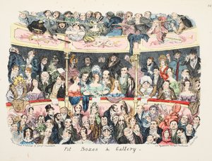 ピットボックスとギャラリー、パブ。 1836年（手描きの彫刻） 作： George Cruikshank