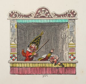 パンチとジュディのパブからパンチとジュディ。 1827年（手描きの彫刻） 作： George Cruikshank