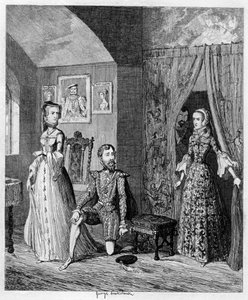 メアリー女王、コートニーとエリザベス王女を驚かせた、1553-1555 1840 作： George Cruikshank