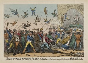 シャトルコックとサバ、あるいはトウモロコシ法案の採決に臨むメンバー（3月14日 作： George Cruikshank