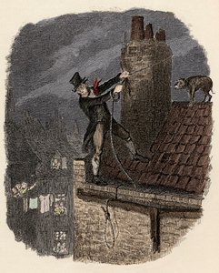犬に追われて逃げようとするサイクス - 最後のチャンス - チャールズ・ディケンズ（1812-1870）の『オリバー・ツイスト』（『オリバー・ツイストの冒険』）の挿絵、ジョージ・クルイックシャンク（1792-1878）によるもの。 作： George Cruikshank