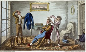 Tailleur et coiffeur à domicile - David Carey著「Life in Paris」（George Cruikshank編）に掲載されています。フェアバーン、ロンドン 作： George Cruikshank