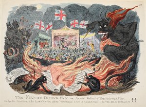 悪魔のフライパンまたはトム・フーラリー＆バイスの年次フェスティバル、パブ。 1832（手描きの彫刻） 作： George Cruikshank