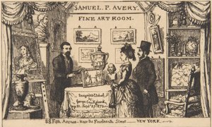 サミュエル・P・エイブリーのトレードカード -- 美術室、1873年、1873年。 作： ジョージ・クルクシャンク