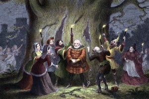 ウィリアム・シェイクスピア『ウィンザーの陽気な妻たち』の初演は 1597 年か 1600 年である。フォルスタッフは、ウィンザーの森のミストレス・フォードでハンターのハーンとして任務を遂行し、「妖精」に挟まれて殴られた後、「私は気づき始めた」と言う。 作： George Cruikshank
