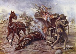 1915年4月25日、イープル近郊の非常に激しい砲撃、ポティツェの下で燃えている弾薬貨車の荷下ろしを支援するボンバルディアHAクリーシーの演技
