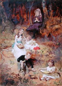 森で遊ぶ5人の子供たち（油彩・カード） 作： George Elgar Hicks