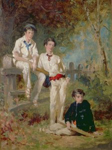 3人の若いクリケット選手、1883年頃（カードに油彩） 作： George Elgar Hicks