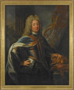 フレデリック 1 世 (フレデリック 1 世) (1676-1751) の肖像画 - スウェーデン王とフィンランド王子 - ゲオルク エンゲルハルト シュローダー (1684-1750) による絵画、キャンバスに油彩 (143x114.5 cm) 作： George Engelhardt Schroeder