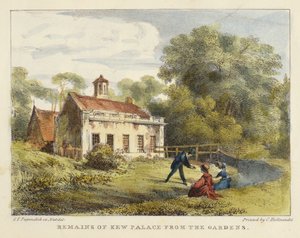 庭園のキュー宮殿の遺跡、キューガーデンズのプレート6：チャールズハルマンデル（1789〜1850年）によって彫刻された、石に描かれた24枚の図面のシリーズ。 作： George Ernest after Papendiek
