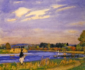 オンザリバー」（紙に鉛筆の上に水彩）。 作： George F. Henry