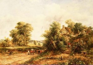 馬車と牛のいるイベントサイドの夏の風景 作： George Frederic Watts