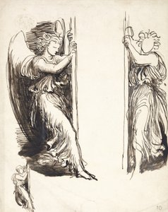 死の裁判所での天使の研究（グラファイト上のペンと茶色のインク） 作： George Frederick Watts
