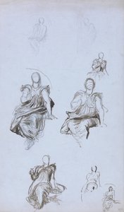 本が付いている着席人物の研究（ペンと茶色のインクと青い紙に黒鉛） 作： George Frederick Watts