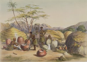 テュガラのグドゥのクラール、ビールを作る女性、1849年の「カフィルズイラストレイテッド」のプレート26 作： George French Angas