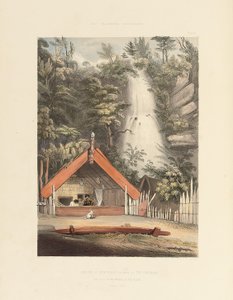 テラパのヒウヌの母、コワイヒの滝、ヒウィカウの家、1847年の「ニュージーランド人のイラスト」からのプレート21 作： George French Angas