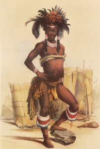 ダンス衣装に身を包んだズールーの若者、ンクペー 作： George French Angas
