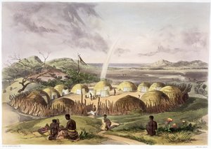 「ナタール、ウムラジ近くのズールー クラール」、1849 年 作： George French Angas