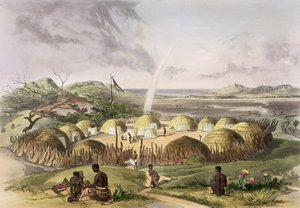 ナタールのウムラジ近くのズールクラール、1849年の「The Kafirs Illustrated」からのプレート27 作： George French Angas