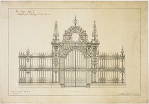 ニュー・カレッジ・オックスフォード庭園入口のゲートと手すりの提案 作： George Gilbert Scott