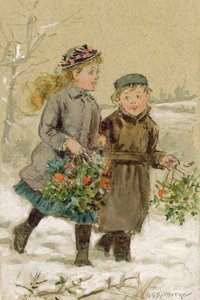 雪の中で遊んでいる子供たち-ホリーの収集（紙の上の白で強調されたトイレ）（ペアについては224240を参照） 作： George Goodwin Kilburne
