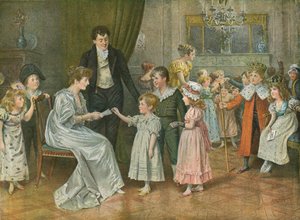 十二夜：子供たちのパーティー。十二夜のキャラクターのくじ引き 作： George Goodwin Kilburne