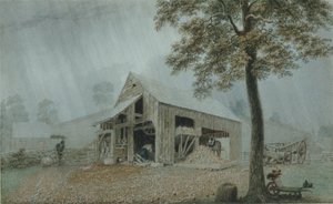 暴風雨、コネチカット州レディングのサイダーミル、1840年頃（白い網目紙に水彩とガッシュ） 作： George Harvey