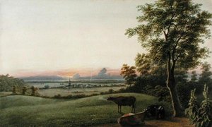 日の出-グリーンウッド墓地からのフラットブッシュと海、ニューヨーク州ロングアイランド、1830-40年頃（水彩、ガッシュ、グラファイト、紙
