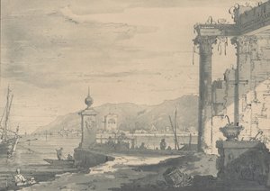 1811 年、右側に古典的な廃墟がある海岸の風景。 作： George Hawkins