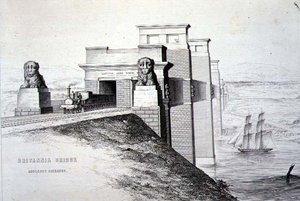 ブリタニア橋、アングレシーの入り口、画家が彫った、パブ。1849年（リトグラフ）（カラーは122445参照）