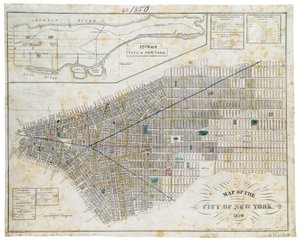 ニューヨーク市の地図、1850年（黒インク、カラーウォッシュ付き、紙の上）