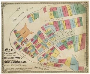 1857年のウォール街の現在の境界線の下に横たわるオランダ西インド会社からニューアムステルダム（現在はニューヨーク）の住民に対する村の区画の最初の許可の地図