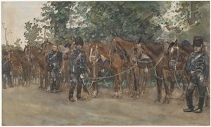 道路脇で馬の隣に立っている軽騎兵 作： George Hendrik Breitner