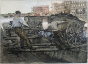 アムステルダムのヤコブ・ファン・レンネプカーデで、重い荷を積んだ荷車を引く労働者 作： George Hendrik Breitner