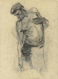 下を向いて立っている半裸の男性のモデル研究 作： George Hendrik Breitner