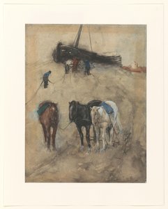 浜辺の馬、背景にははしけと漁師 作： George Hendrik Breitner