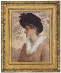 女性の肖像、半身、黒の帽子と毛皮のストールを身に着けた、1888 作： George Henry Boughton