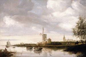 はしけやヨットのある川の風景とその向こうにある教会 作： George Henry Clements