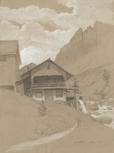 アルプスの家、コルティナ、1883年（茶色の織りの紙に白いガッシュが塗られたグラファイト）