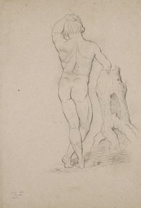 無題-男性のヌード、後姿、1846年（茶色の織りの紙に木炭）