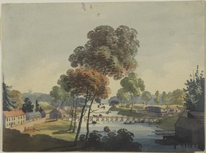 ナイアガラの滝近くのチパワの村、1801年頃（織り紙にトイレ） 作： George Heriot