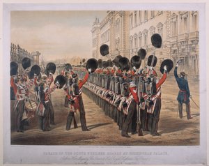 E.ウォーカーによって刻まれた、1854年3月2日の戦争の席への出発の朝のバッキンガム宮殿でのスコットランド民兵衛兵のパレード（コルナギウント社発行、1854年）