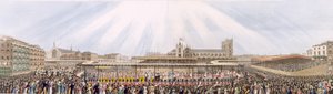 1821年7月19日、ウェストミンスターホールから修道院までのジョージ4世の戴冠式行列の眺め（アクアチント） 作： George Humphrey