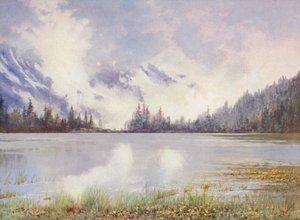 5月末、雲に覆われたシャンペックス湖；水辺のカルタ・パルストリスとプリムラ・ファリノーサ（カラー・リトグラフ） 作： George Jackson Flemwell