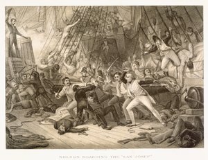 1797年2月14日、セントビンセント岬の戦いでサンジョセフに搭乗したホレイショネルソン。グリニッジ病院コレクションのオリジナルの後にジョンクルーが刻印 作： George Jones