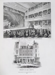 ジェームズストウ（c.1770-1820）1815によって彫刻されたリトルシアター、ロンドンのヘイマーケット、および上記の正面の内部 作： George Jones