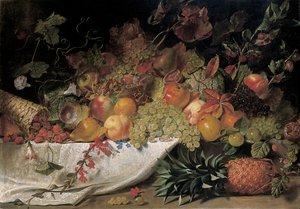 1829年の石の棚にある果物と花 作： George Lance