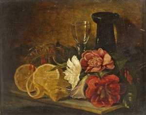 果物と花のある静物、1855 作： George Lance