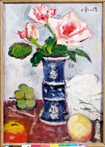中国の青と白の区の形をした花瓶のピンクのバラ 作： George Leslie Hunter